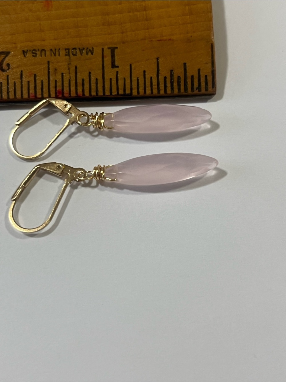 Pale Pink Chalcedony Marquis Earrings Gold Tone Nickel Free - Picture 5 of 5
